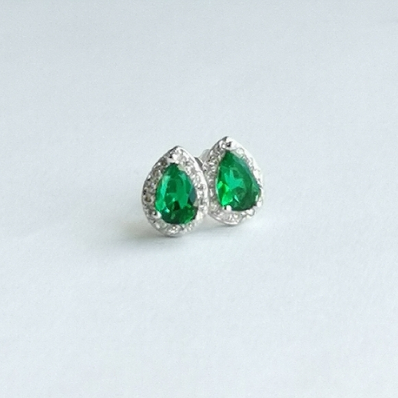 New Emerald  teardrop cz halo stud earrings Sterling Silver - Picture 8 of 8